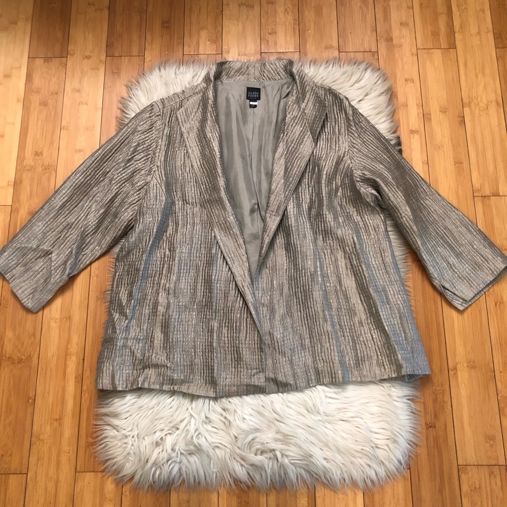 Eileen Fisher Silk Shimmery Metallic Textured Taupe Open Front Blazer size 2X